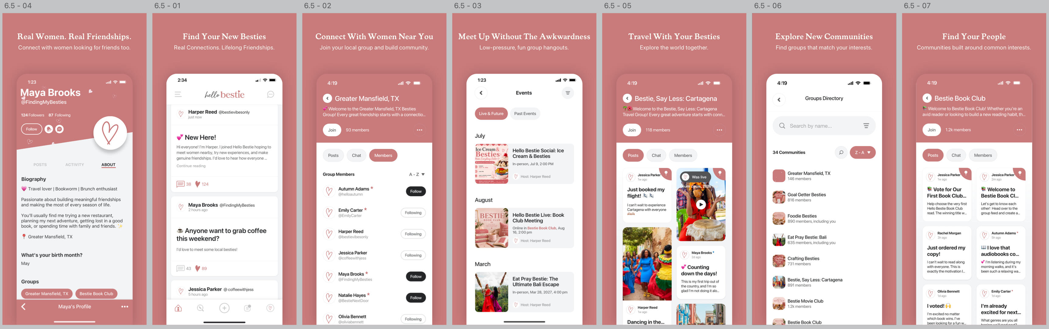 Horizontal gallery showcase displaying seven mobile phone app screenshots of the Hello Bestie community platform interface